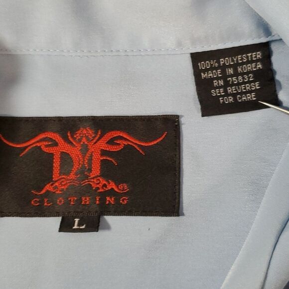 Tribal Design D Clothing Light Blue Embroidered Bowling Lounge Shirt‎ Size Large - Picture 5 of 9